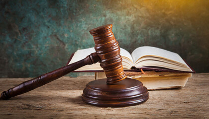 Wall Mural - Wooden gavel and books on wooden table, law concept