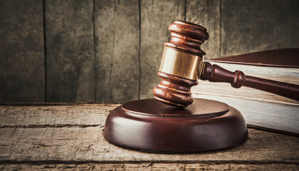 Wall Mural - Wooden gavel and books on wooden table, law concept