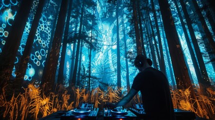 Aufkleber - A DJ performs in a forest illuminated by intricate light projections.
