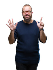 Poster - Young caucasian hipster man wearing sunglasses over isolated background showing and pointing up with fingers number seven while smiling confident and happy.