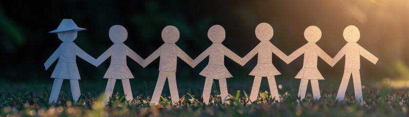 Poster - Group of paper cutout people figures holding hands in a line on grass during sunset, symbolizing unity, community, and teamwork.
