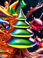 Wall Mural - Christmas tree made of liquid neon metal.The tree surrounded by confetti, lights and balls