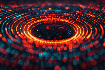 Poster - Abstract digital background with circular patterns of red and blue lights, symbolizing technology, innovation, and futuristic concepts.