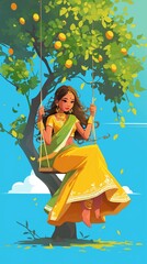 Wall Mural - Illustration for Teej with a scene of a woman on a swing.