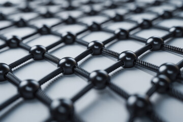 Poster - Abstract network of interconnected black spheres and lines creating a geometric pattern. Perfect for tech, science, and connection concepts.