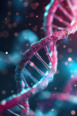 Poster - Close-up of a DNA double helix structure with vibrant colors and bokeh background, representing scientific research and genetic studies.