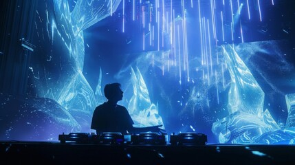 Aufkleber - A DJ performs in front of a large blue light display, creating a dramatic and futuristic atmosphere.