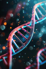 Poster - Close-up of a DNA double helix structure, highlighted in vibrant colors, representing the complexity and beauty of genetic science in a high-tech environment.
