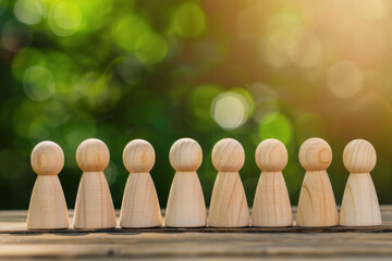 Poster - Wooden figurines in a row on a wooden surface with a vibrant green bokeh background, symbolizing unity, teamwork, and community.