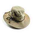 © wolfhound911 - A safari hat in khaki with a wide brim and chin strap, designed for outdoor adventures, isolated on white background.