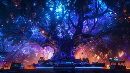 Poster - A DJ booth is set up under a large tree that is illuminated with blue and purple lights.