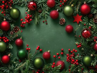 A festive Christmas wreath decorated with red and green ornaments