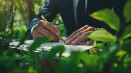 Business contract concept. Business concept sensitive to environmental protection. The manager signs the company's green environmental protection policy.  Company's recycling policy.