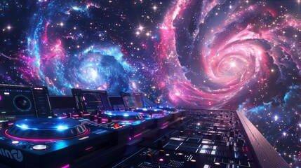 Poster - A close-up view of a DJ mixer set up against a backdrop of a swirling, colorful galaxy. The vibrant pink and blue nebulae fill the sky, with countless stars twinkling in the distance.