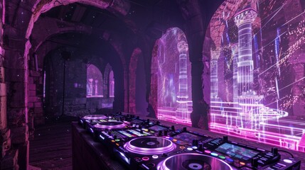 Poster - A DJ mixer sits in front of a large window, glowing with neon light. The window is surrounded by old stone walls, making the space feel both modern and historic.
