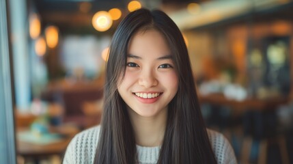 Canvas Print - Smiling Chinese Teenage Girl at a Cozy Cafe, Ideal for Social Media, Print, Card, and Poster Design