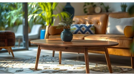 Canvas Print - Stylish Mid Century Modern Wooden Table in Chic Living Room Ideal for Product Showcase