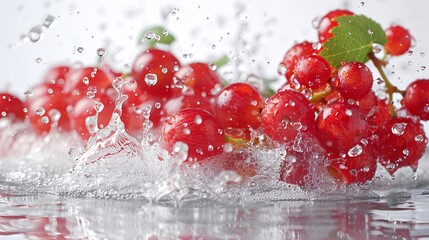 Poster - Bunches of Red Globe grapes creating a splash effect in water with vibrant droplets against a white background emphasizing their bright red color Stock Photo with copy space