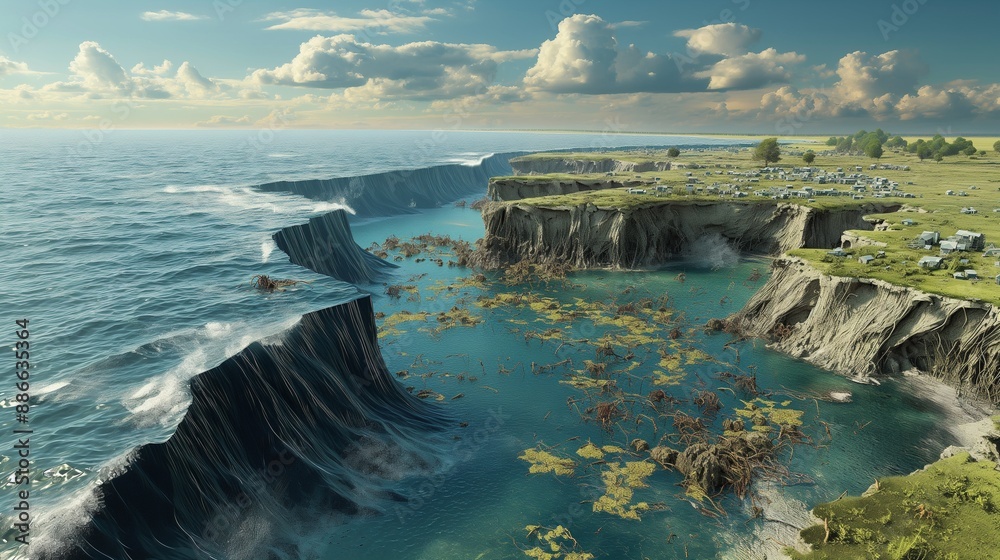 A 3D rendering of a coastal area with severe erosion and rising sea ...