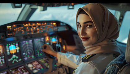 A female pilot of Arab descent as a captain in the cockpit of an airplane. Amazing progress in ingratiation in Muslim society.