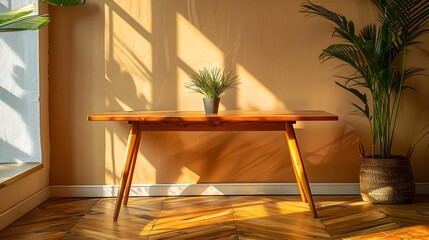 Sticker - Stylish Wooden Table with Mid Century Design in Warm Cozy Room for Displaying Handcrafted Decor