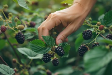 Wall Mural - Hand plucks ripe blackberry from bush with vibrant red color contrasting against lush green leaves. Close-up shot focuses on hand and action in foreground. Garden setting with blurred background.