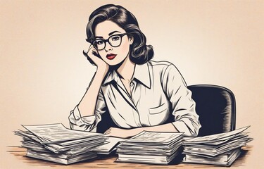 A young businesswoman overworked feeling frustrated tired and stress working at the desk with stack of documents, Hand drawn style illustration, vintage style