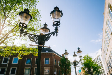 Close up shot of alley lantern in historical center of Venlo , Netherlands.