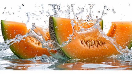 Poster - A whole cantaloupe being cracked open underwater with refreshing splashes and bubbles against a white background emphasizing its natural sweetness Stock Photo with copy space
