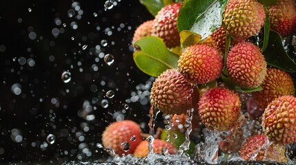 Close up of ripe lychees falling into water with droplets suspended in mid air on a black background capturing their refreshing essence Stock Photo with copy space