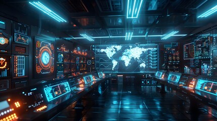 Poster - futuristic control room with holographic displays and assistants for business networking and communi