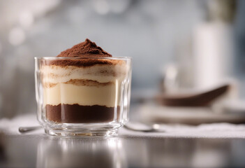 Wall Mural - rich tiramisu served in a crystal glass with a dusting of cocoa powder
