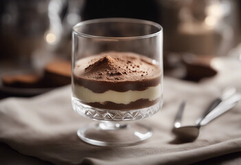 Wall Mural - rich tiramisu served in a crystal glass with a dusting of cocoa powder
