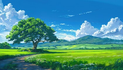 Wall Mural - landscape japan green field and tree art anime