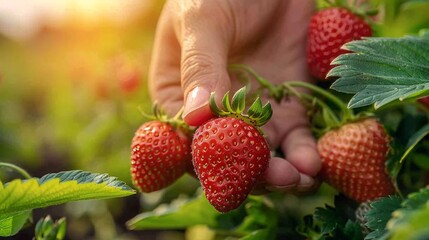 Aufkleber - Fresh strawberries being picked by hand in a sunny strawberry field with bright green leaves and red berries creating a vibrant scene Stock Photo with copy space