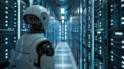 Poster - AI robot standing in a data center, rear view, surrounded by shelves of servers, illustrating advanced technology