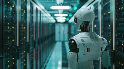 Poster - AI robot standing in a data center, rear view, surrounded by shelves of servers, illustrating advanced technology