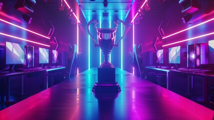 Poster - A gleaming trophy sits on a table in the center of a brightly lit esports arena, waiting for the ultimate champion to claim victory