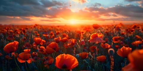 Wall Mural - Captivating sunset scene featuring a vibrant field of blooming poppies. Concept Sunset Photography, Nature Landscape, Blooming Poppies, Vibrant Colors, Outdoor Scenery