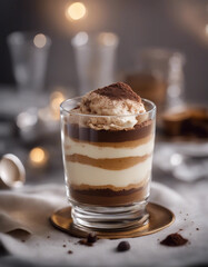 Wall Mural - rich tiramisu served in a crystal glass with a dusting of cocoa powder
