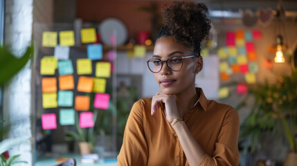 Aufkleber - A woman wearing glasses, standing in an office with sticky notes on the wall, reflecting a diligent and detail-oriented work environment.