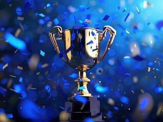 triumphant golden trophy amidst swirling blue confetti dramatic lighting creates contrast between shiny award and deep blue background conveying victory