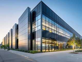 ultramodern warehouse office building exterior with sleek steel and glass facade minimalist architecture emphasized by dramatic angular lines and reflective surfaces