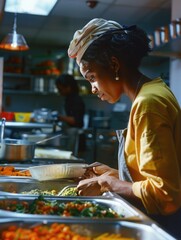 A woman prepares food on a table in a kitchen