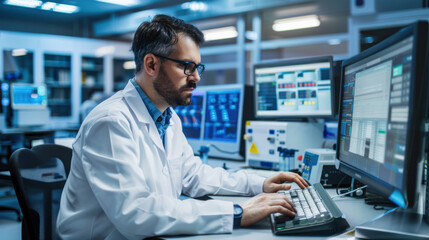 Poster - Inquisitive Scientist Analyzing Data on Computer in State-of-the-Art Laboratory