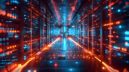 Poster - vibrant cloud computing data center with glowing servers and dynamic light trails