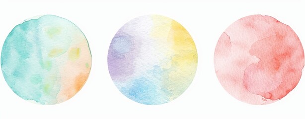 Poster - The set includes watercolor circles, ring shapes, round thin frames, with gradients light blue, lilac, pink watercolour stains and hand painted graphic design elements.