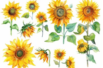 Poster - An isolated sunflower on a white background, with watercolor foliage and flowers, hand drawn with set flowers and leaves.