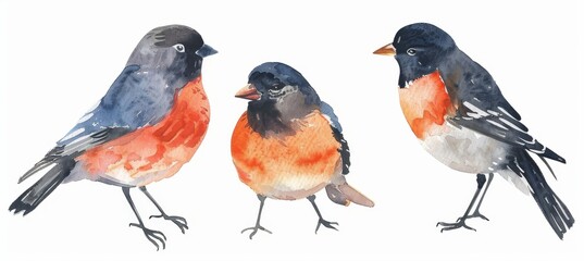 Handdrawn illustration of a robin and a bullfinch in watercolor on white background.