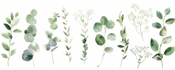 Wall Mural - Set of watercolor herbal elements isolated on white background: wild flowers, leaves, branches. Eucalyptus.